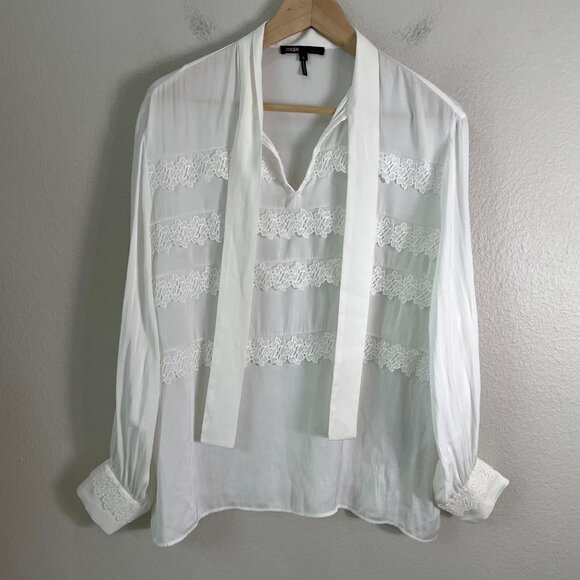 Maje 3 Womens Large Ivory Ruffle Blouse Tie Neck Long Sleeve Shirt Top - Picture 6 of 12